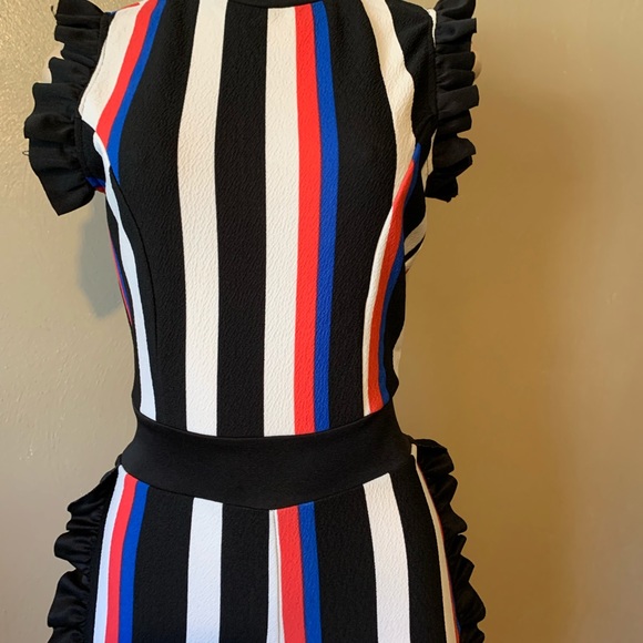 Fashion Nova Kayla size S blue black combo striped jumpsuit ruffled trim - Picture 5 of 7